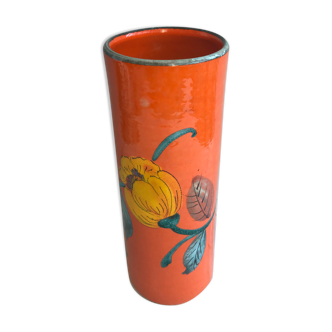 Ancient orange ceramic roll vase drawing flowers made in Italy vintage