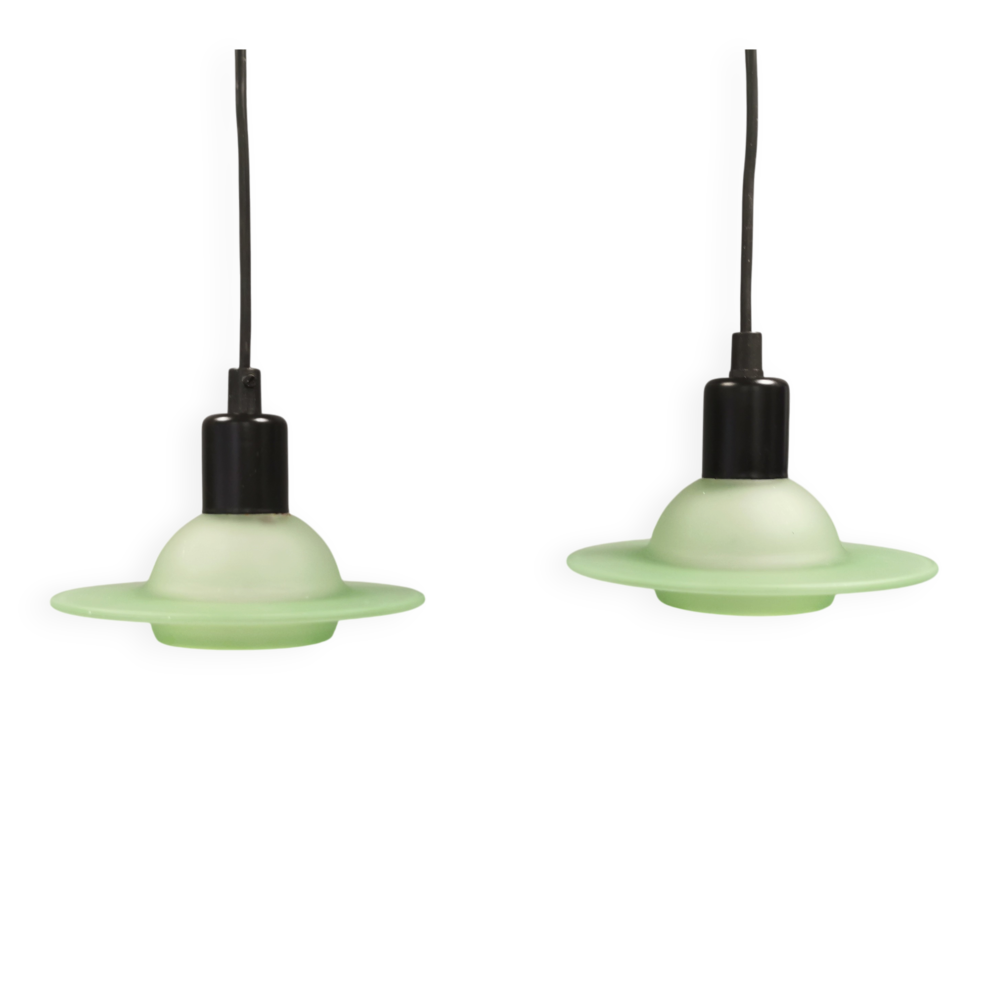 Suspensions en verre vert en forme de soucoupe volante de Design-Light, début des années 1990 au Danemark.
