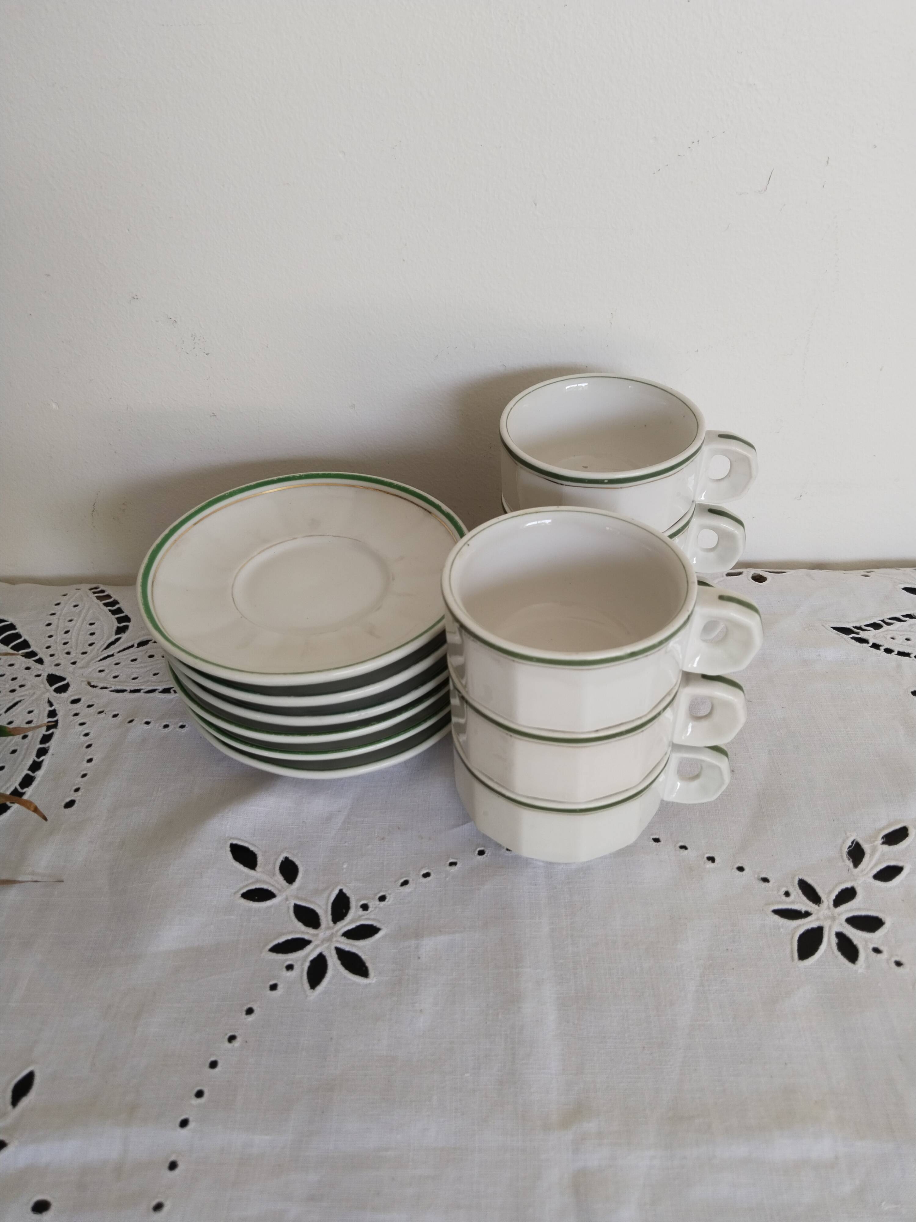 Set of 6 white and green bistro cups, gold rim