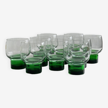 10 verres à liqueur, verrines rétro pied vert, design 70.