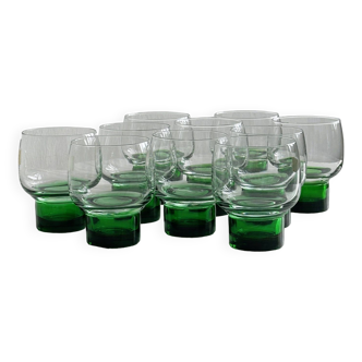 10 verres à liqueur, verrines rétro pied vert, design 70.