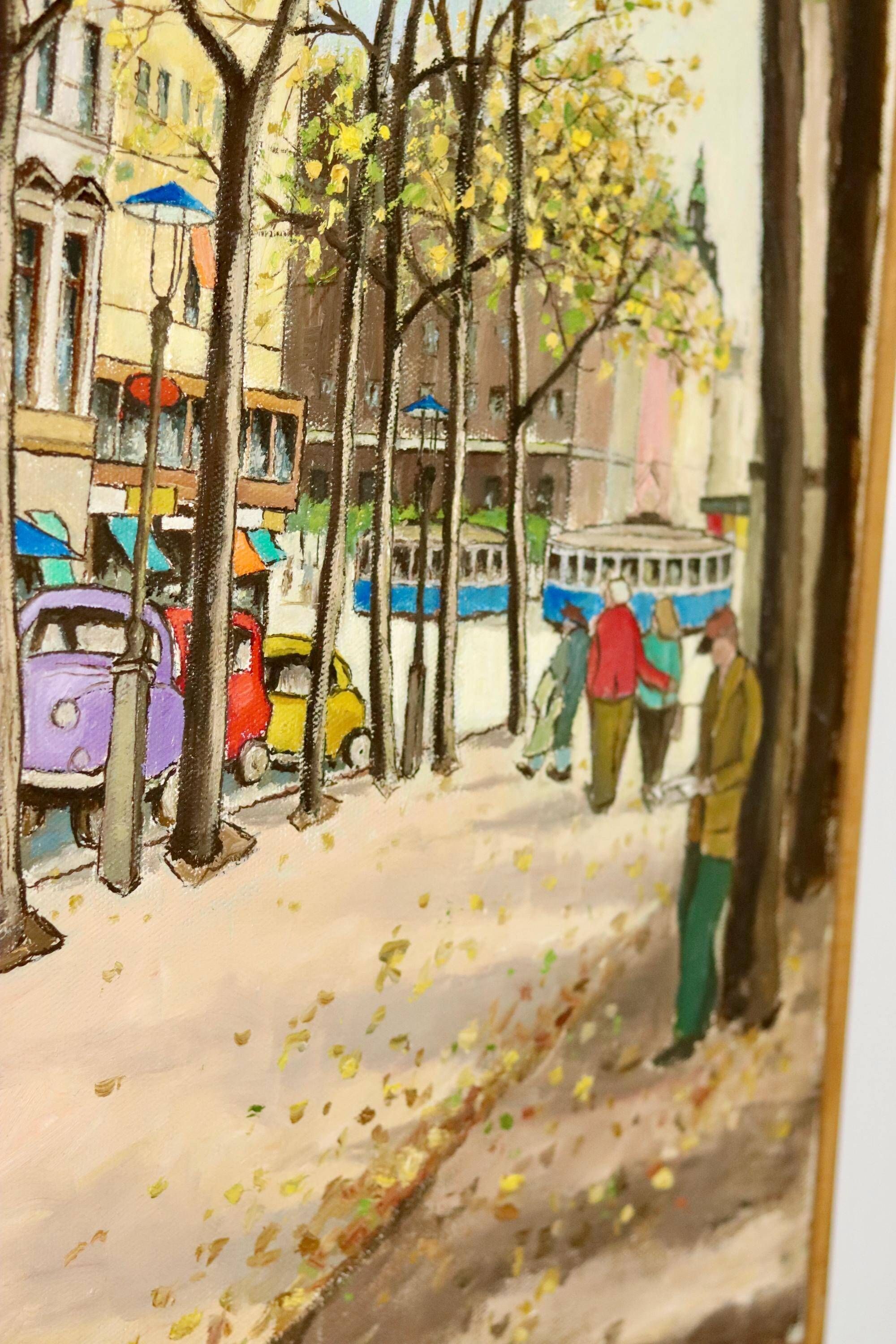 Vintage Large Modernist Original  Oil on Canvas" City Idyll" by - Vintage & Framed