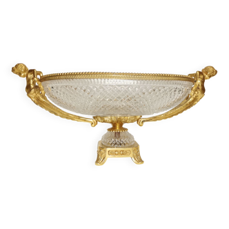 Coupe ovale, centre de table en cristal de sèvres et bronze