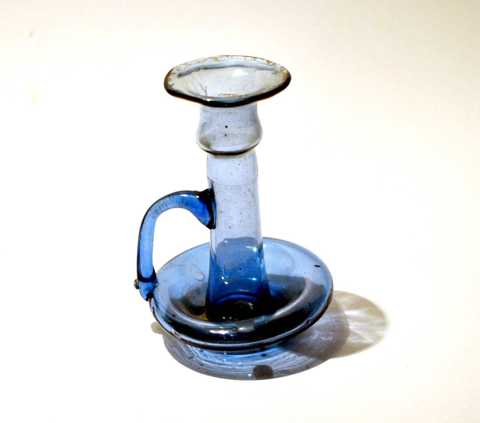 Antique candle holder in blue blown glass ras de cave folk art 19th c.
