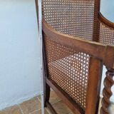 Vintage armchair in turned wood and cane, upholstered seat, 1940s