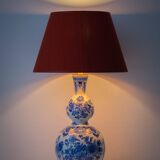 Pair of Royal Delft blue and white ceramic table lamps with new vermilion silk shades.