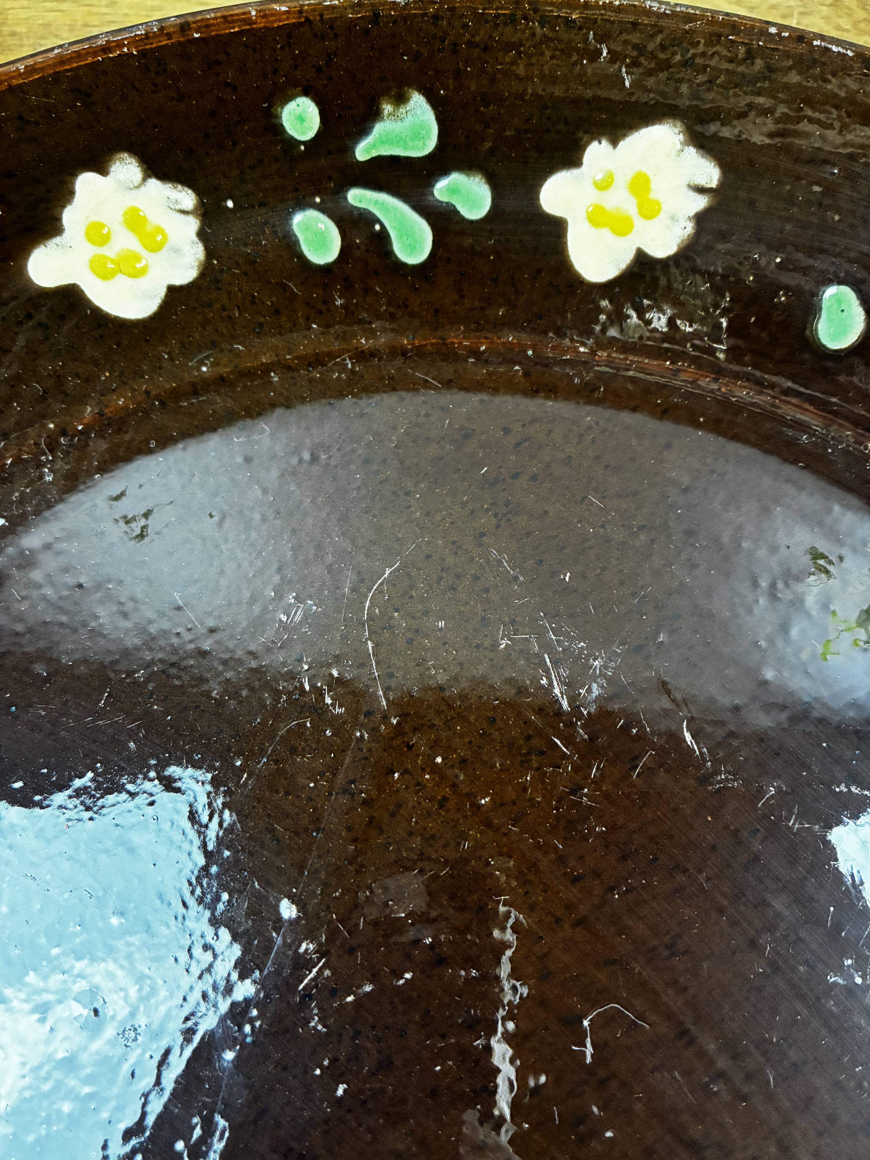Old Round Glazed Pottery Plate with Floral Decoration