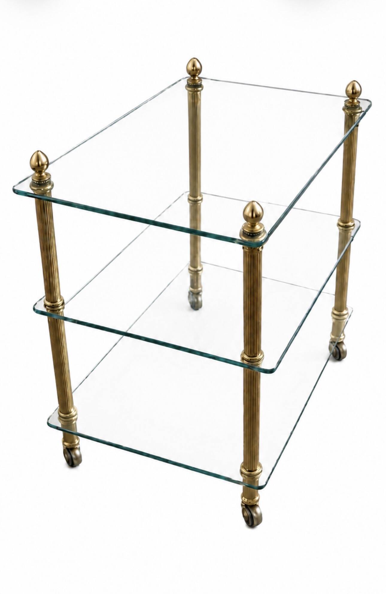 Elegant wheeled serving trolley in gilded brass and glass, in a spirit