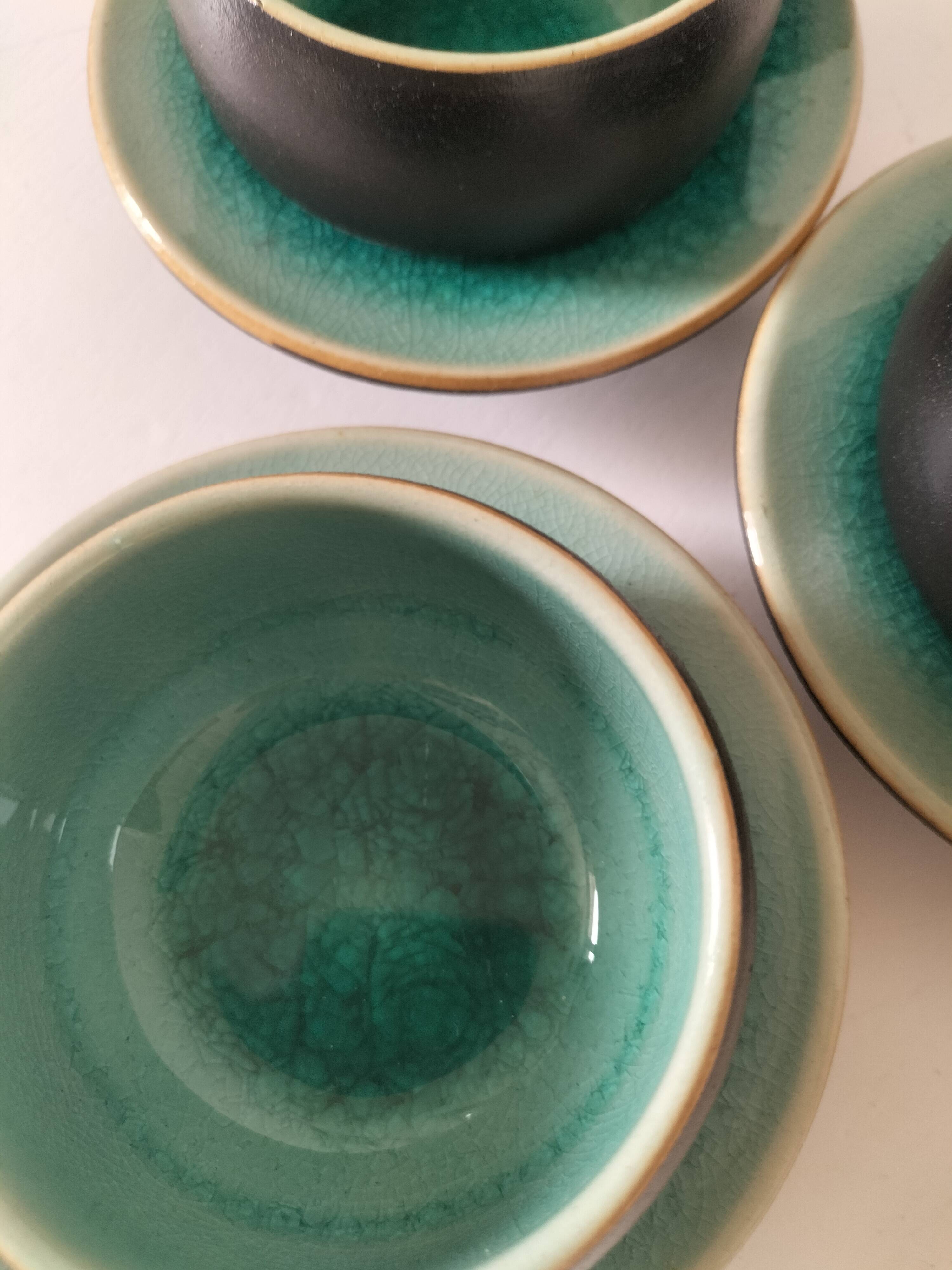 Set of three ceramic cups and saucers – crackled turquoise glaze