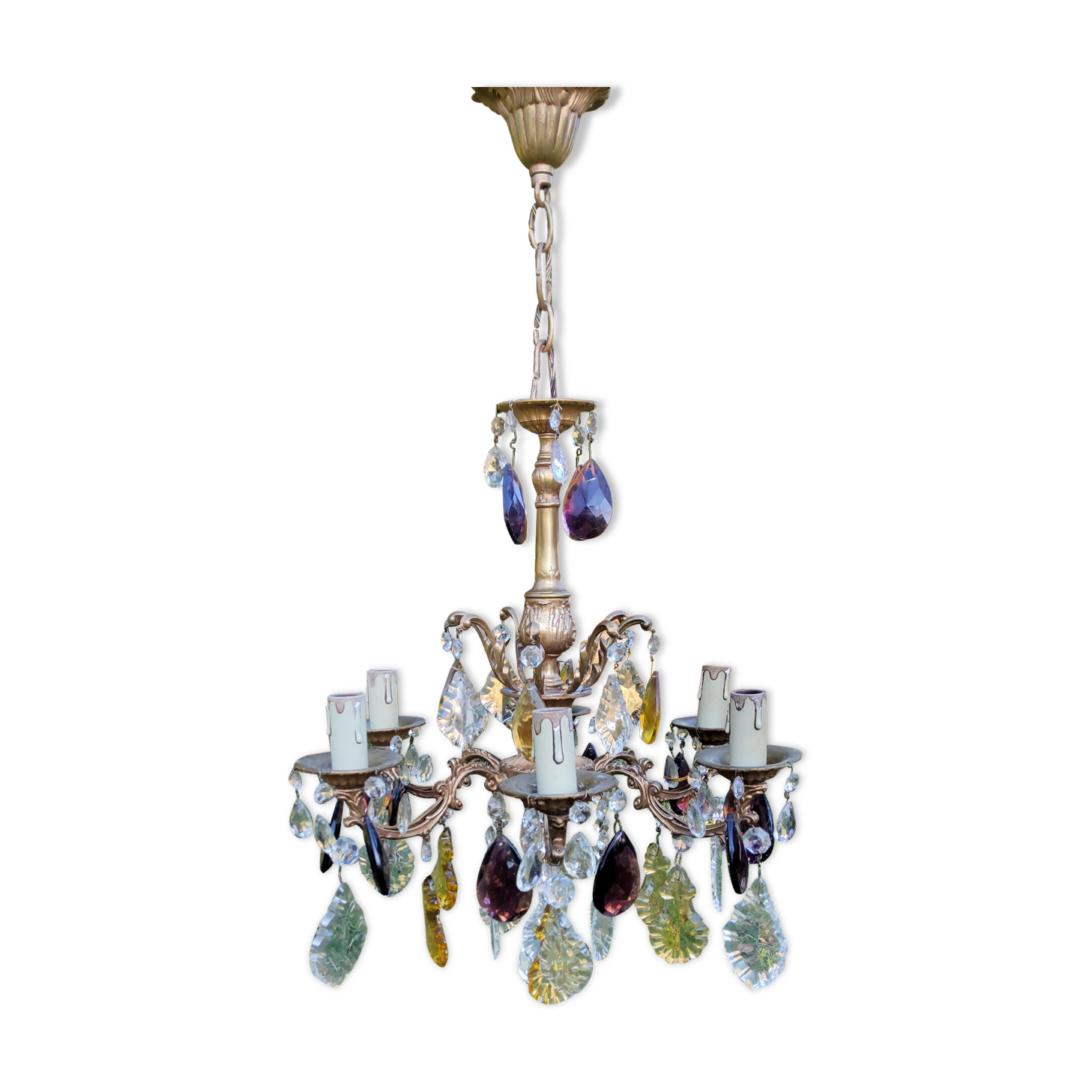 Bronze chandelier with grapevines of amber purple crystal color 6 branches