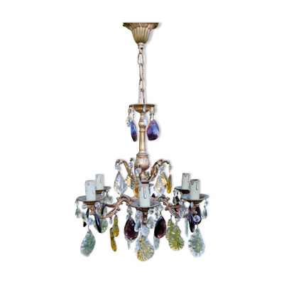 Lustre en bronze à pampilles de couleur ambre violet cristal 6 branches