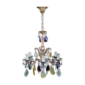 Bronze chandelier with grapevines of amber purple crystal color 6 branches