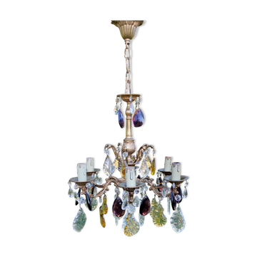 Lustre en bronze à pampilles de couleur ambre violet cristal 6 branches