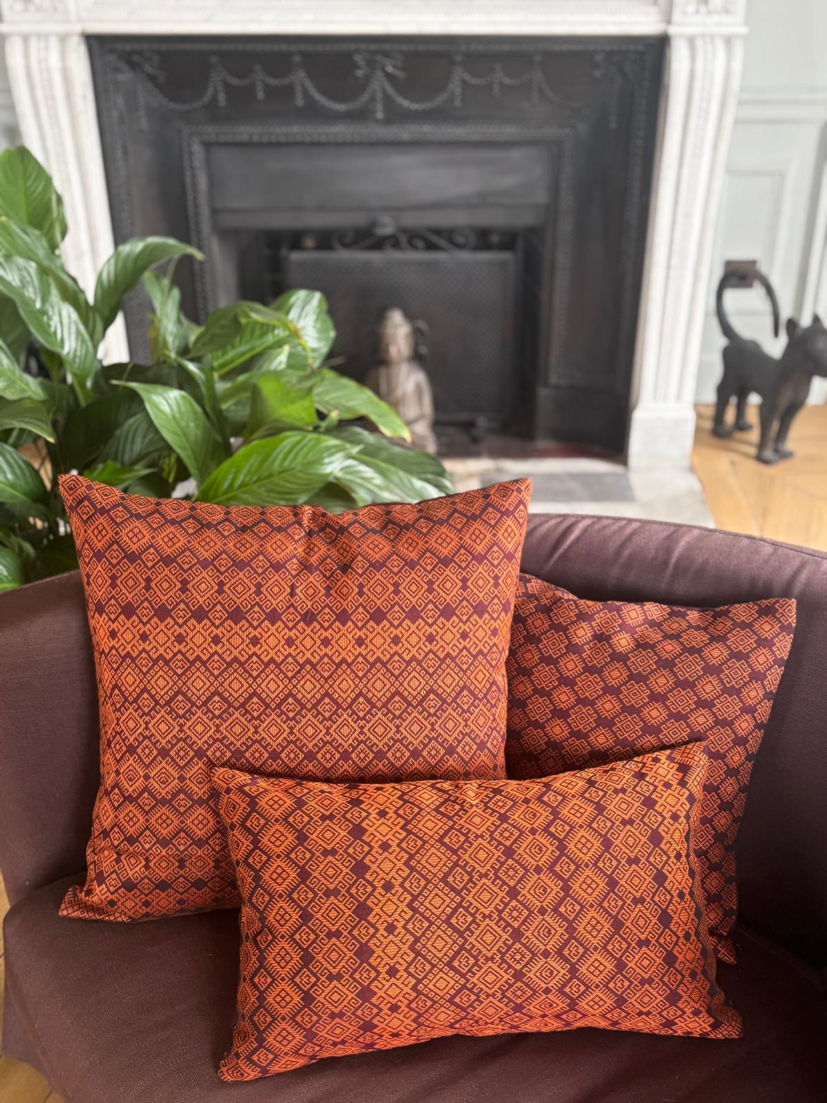Burgundy and orange Kachin cushion cover (RIDA)