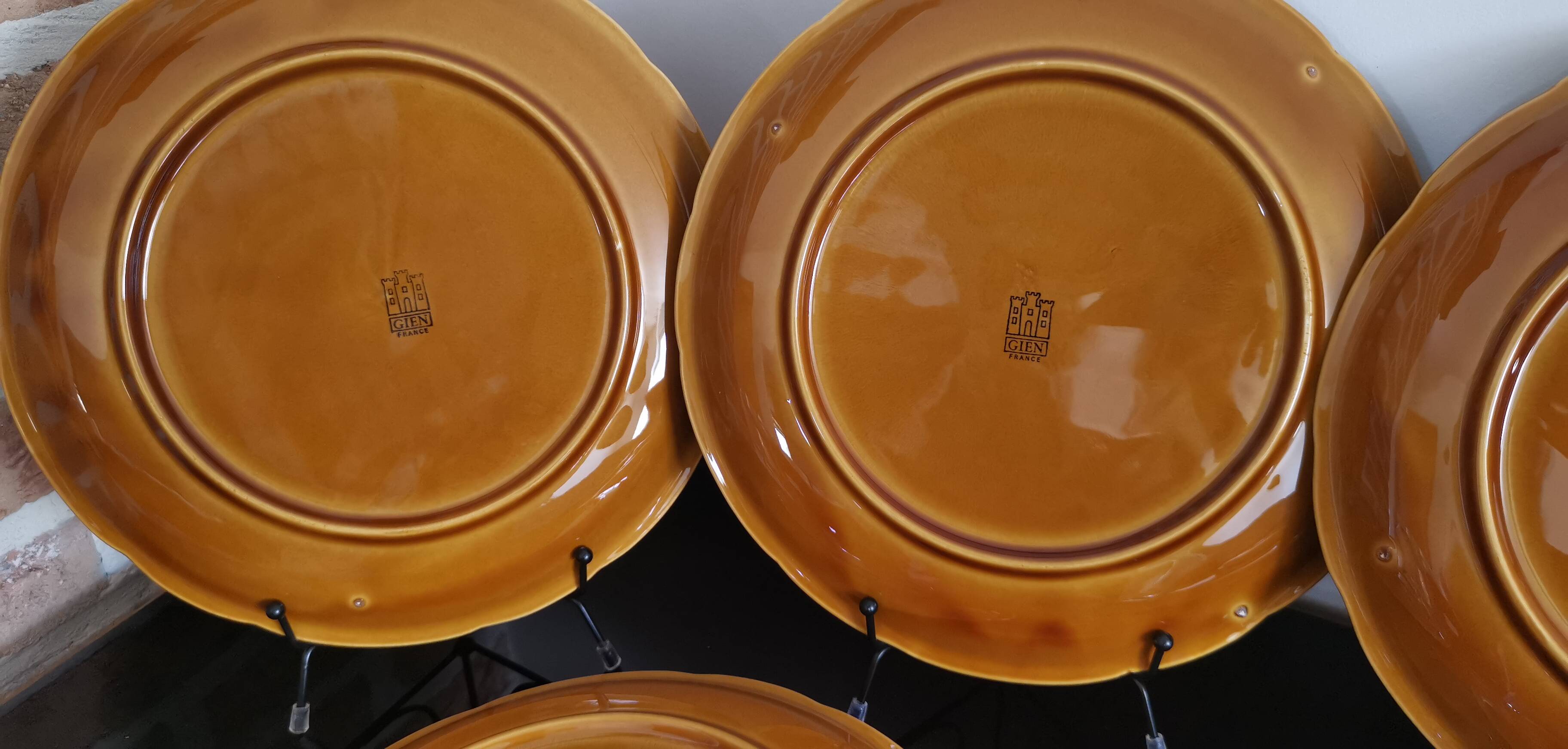 8 vintage Gien France asparagus plates in glazed brown slip