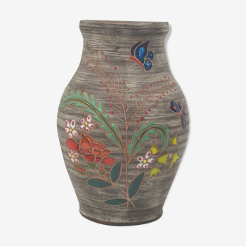 Enamelled ceramic vase signed Elie Barachant vintage 50 St Cannat Accolay flowers