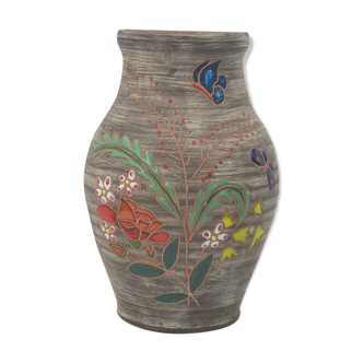 Enamelled ceramic vase signed Elie Barachant vintage 50 St Cannat Accolay flowers