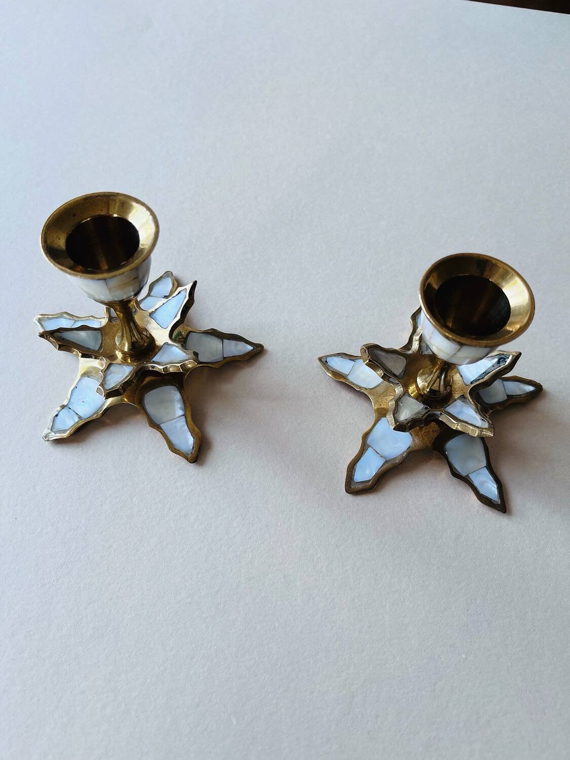 Pair of vintage brass and mother-of-pearl candlesticks