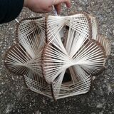 Pair of vintage wooden and rattan straw pendant lights.