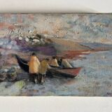 Oil on canvas "The Fishermen and the Doris" by Claude Persini. 20th century.