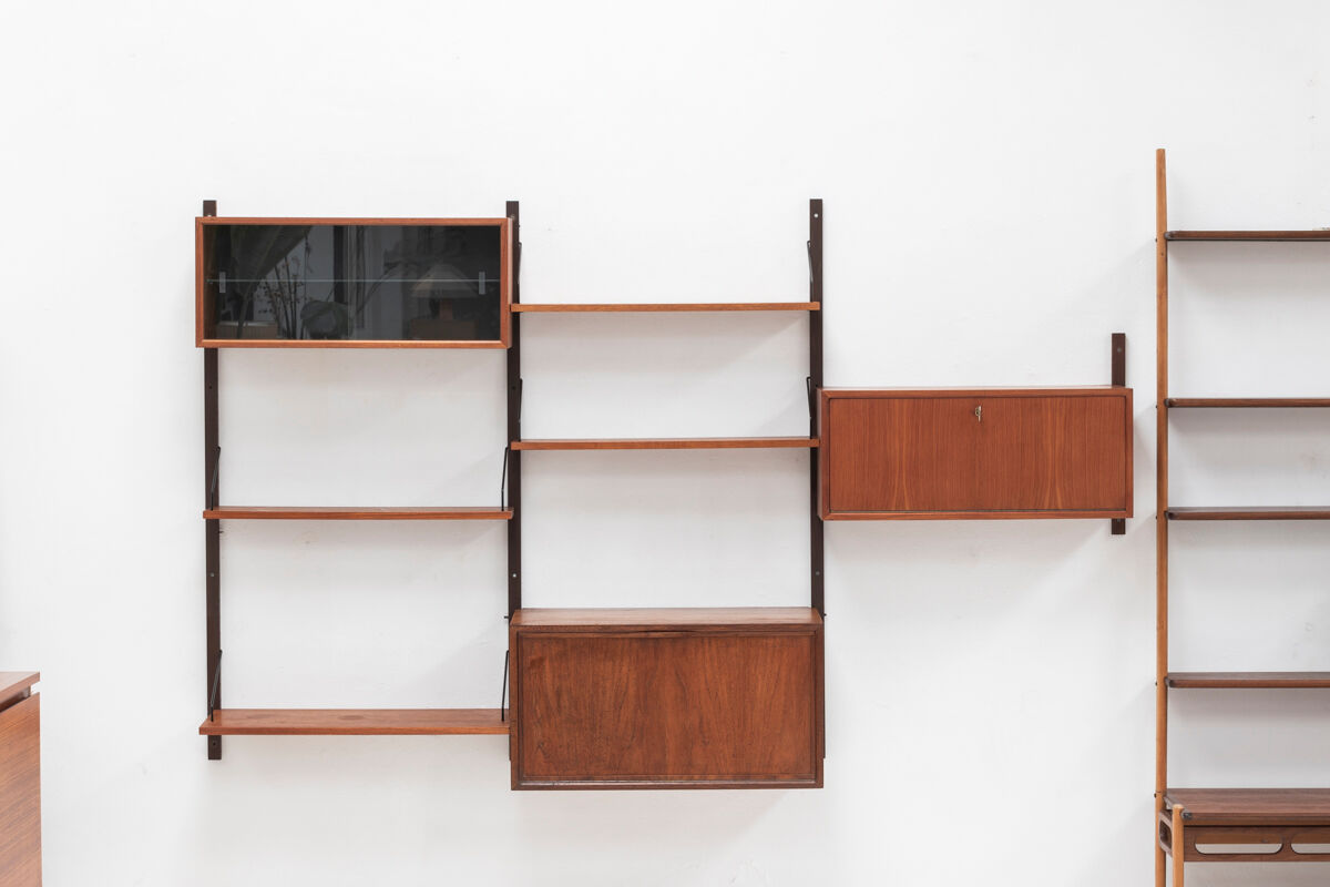 Playful 3-bay wall unit in teak wood by Poul Cadovius, Denmark, 1950s
