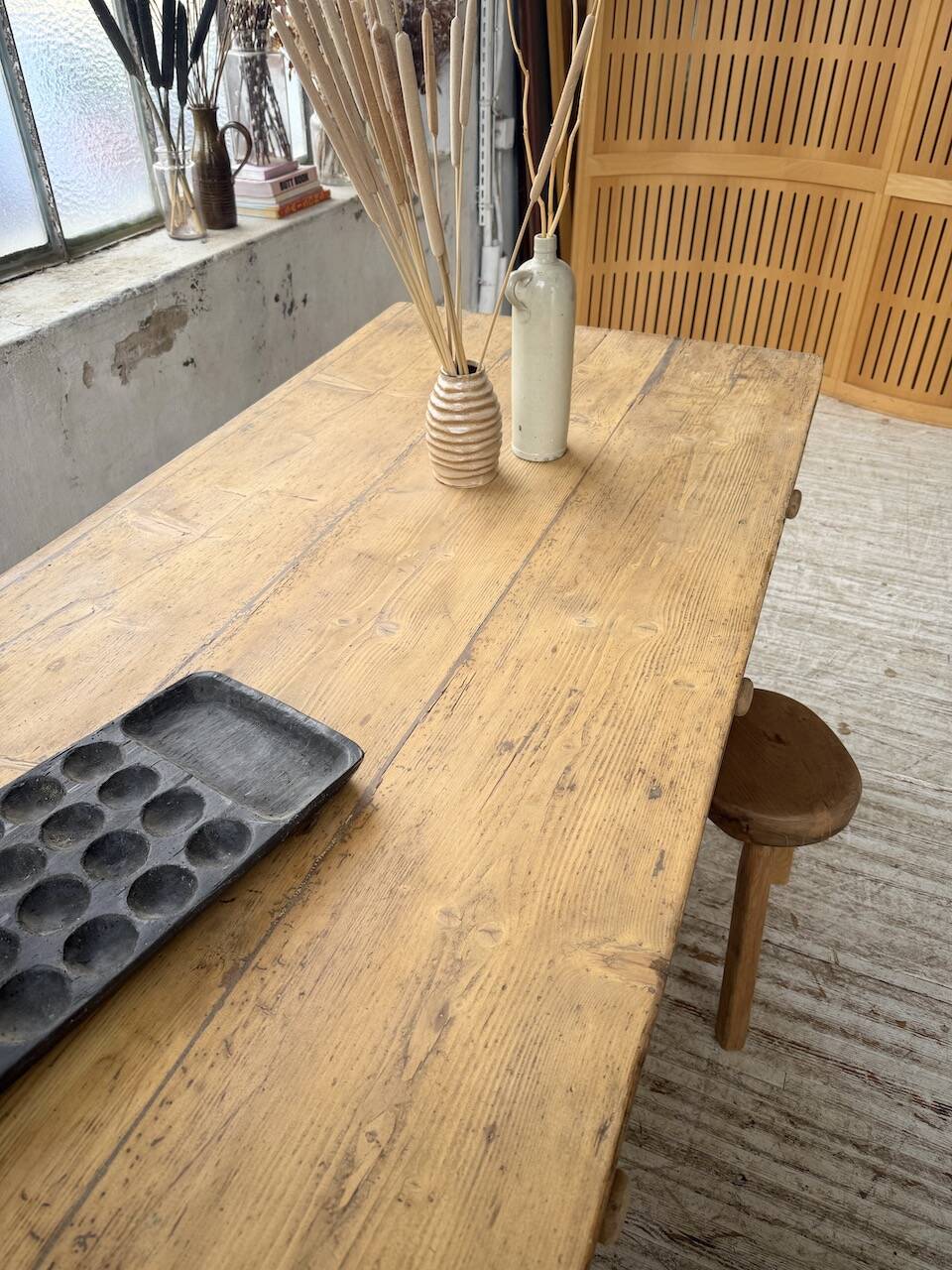 Pine and oak farmhouse table with multiple drawers, communal type, 240cm.
