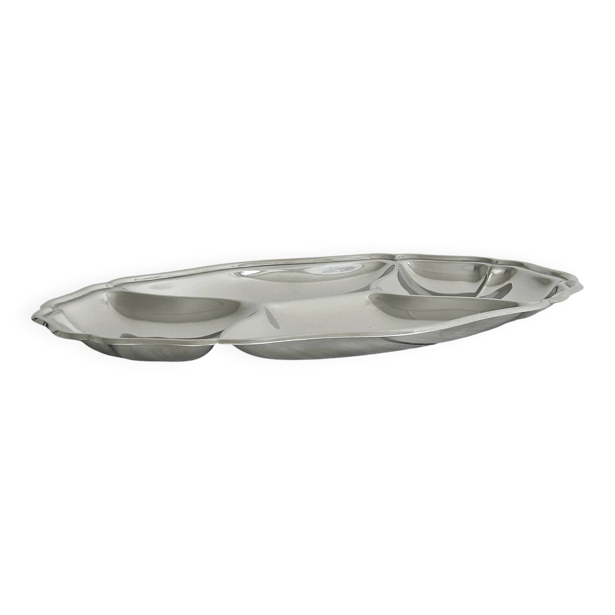 Shiny silver stainless steel compartment dish