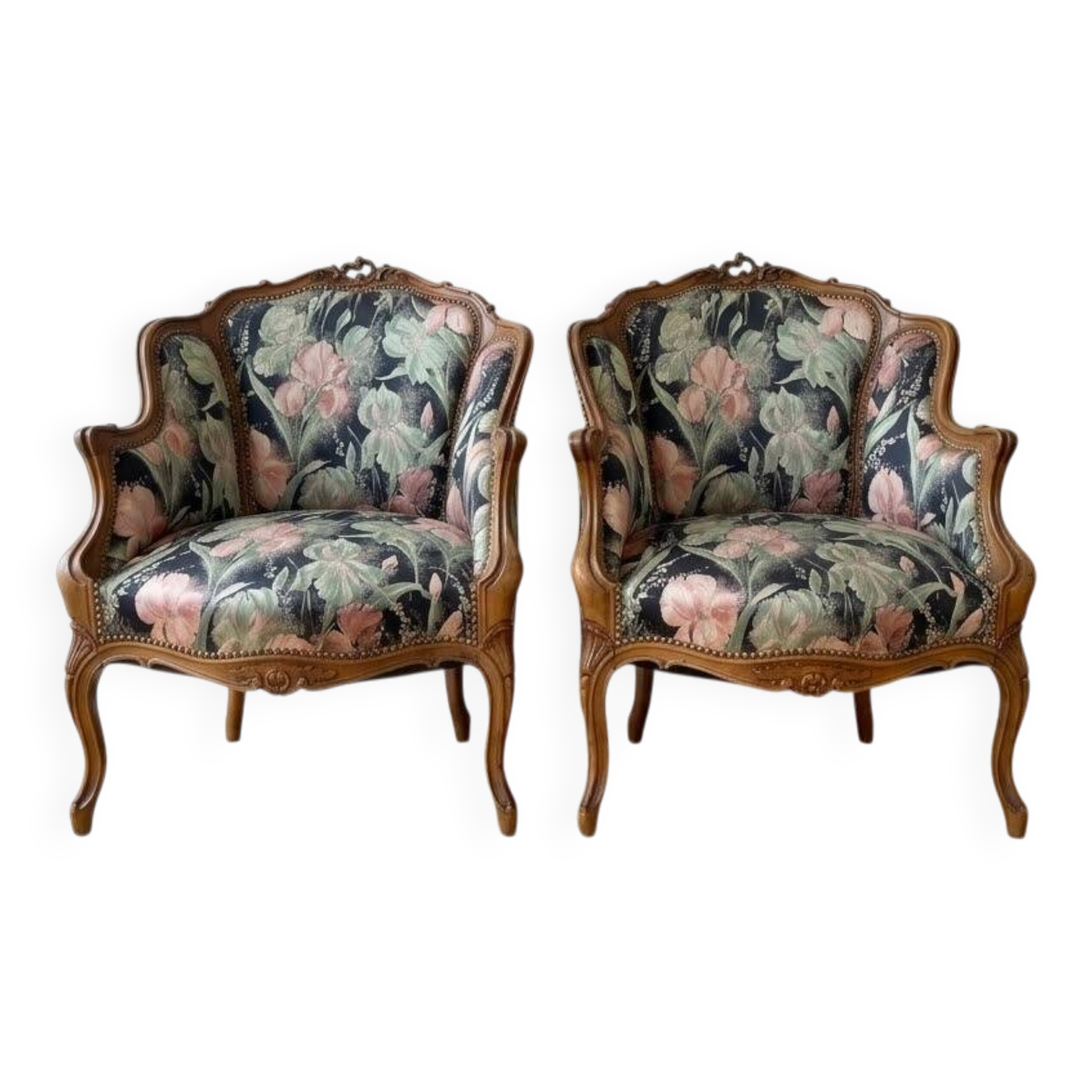 Louis XV style armchairs, the pair.