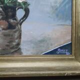 Old signed painting representing a bouquet of anemones