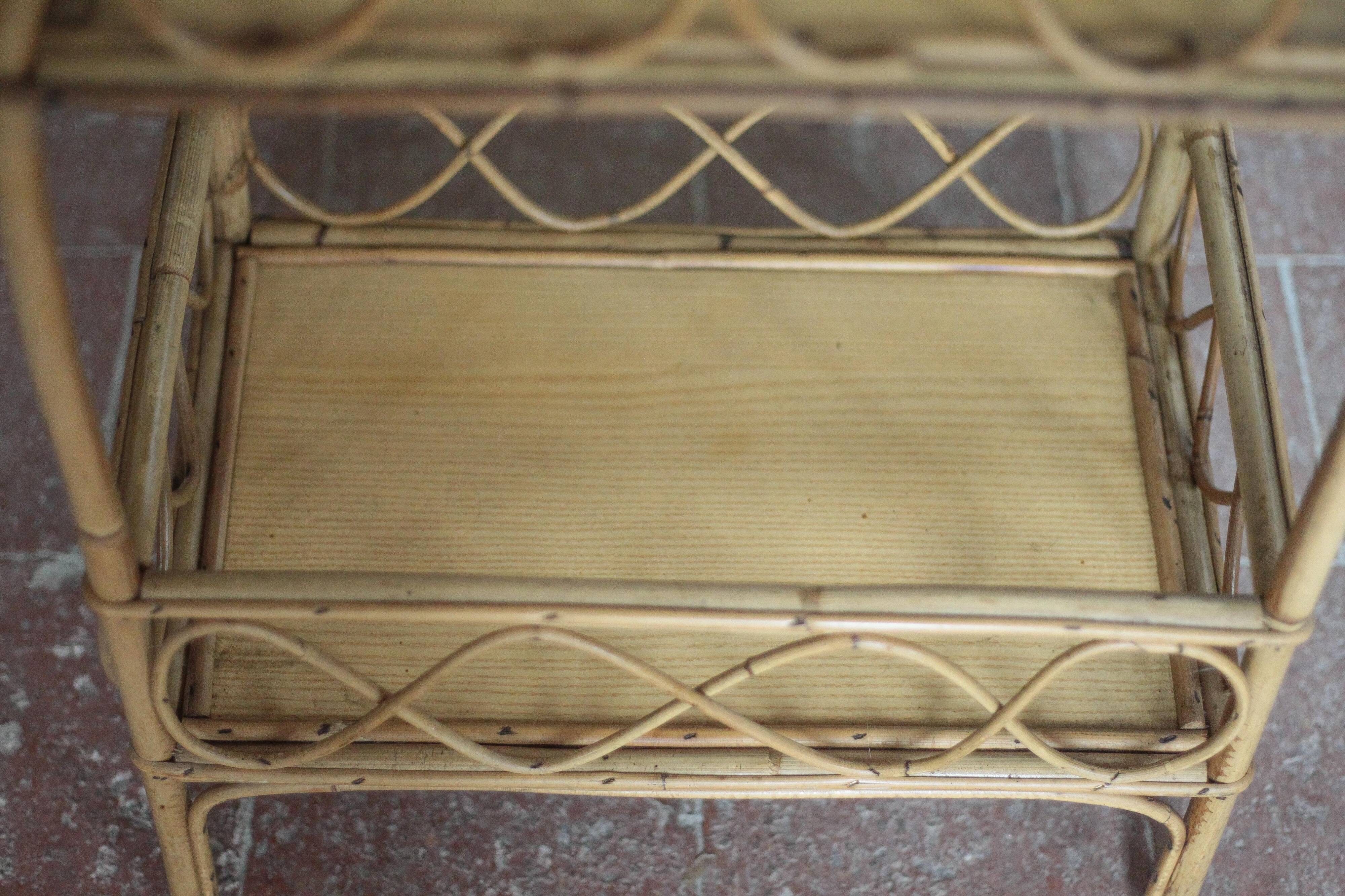 Vintage rattan serving table, two-tier side table.