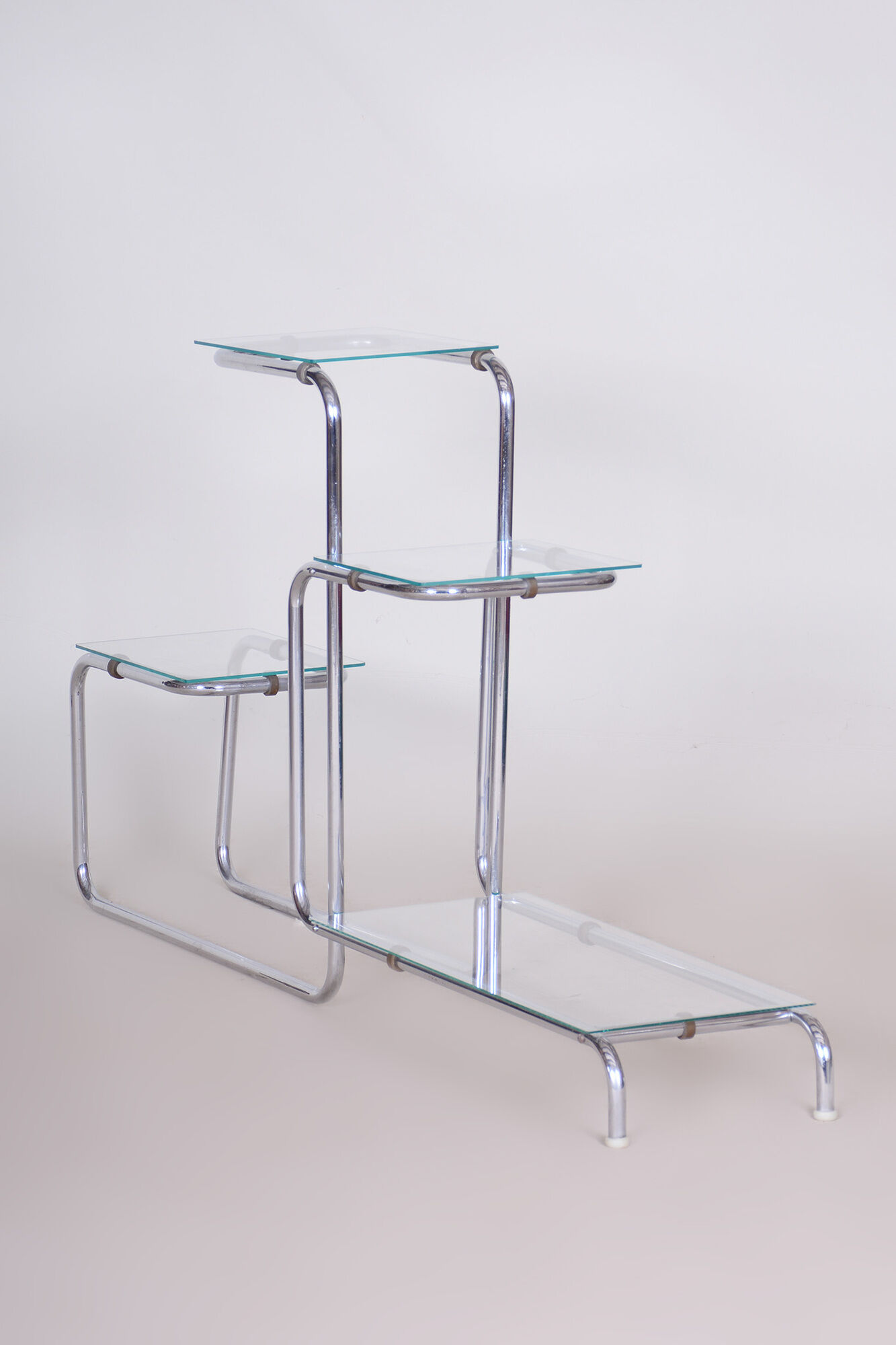 unusual bauhaus style chrome étagère, flower stand, glass, czechia, 1930s