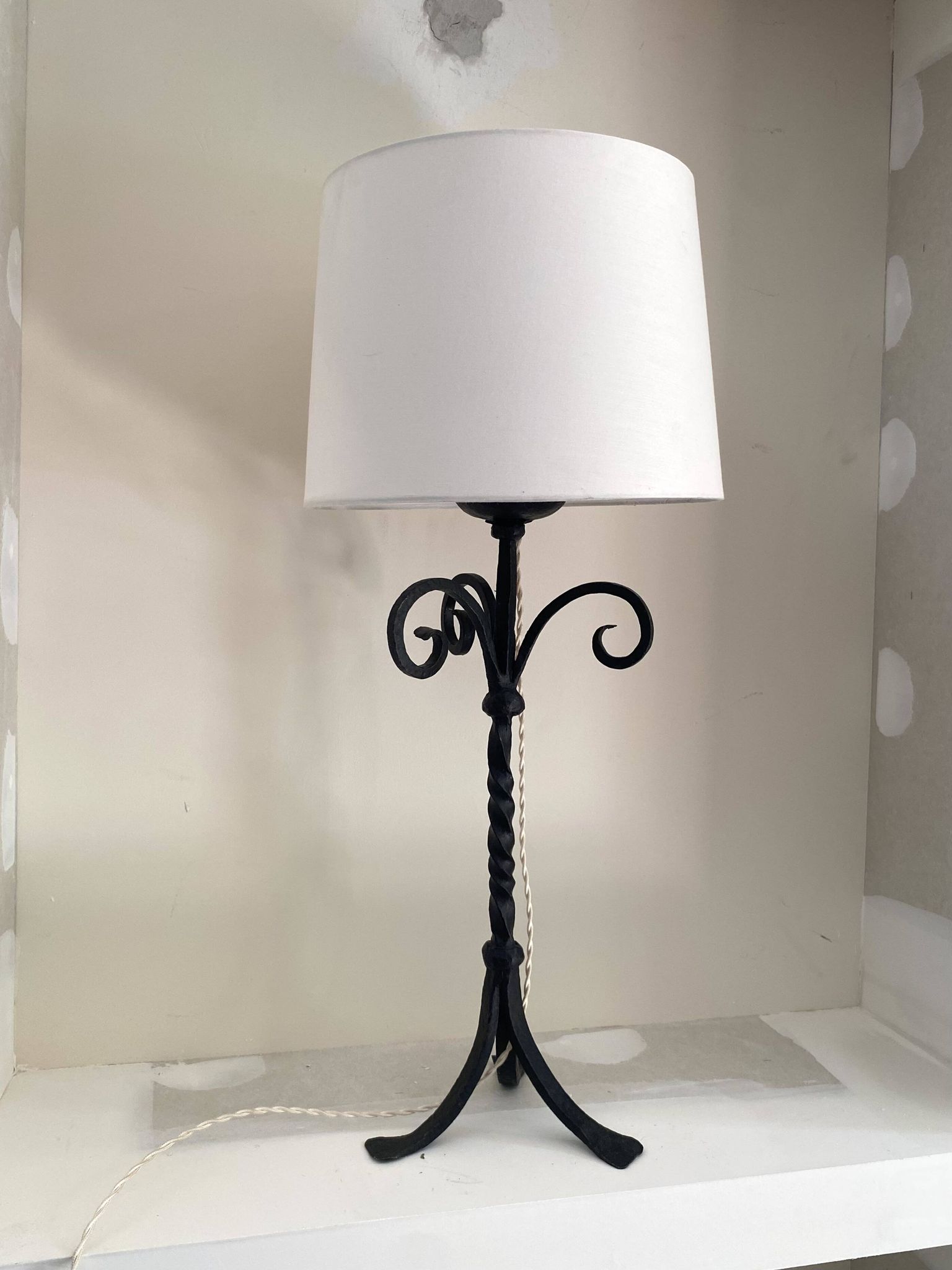 Lampe fer forgé, câble tissu 2M, abat-jour coton