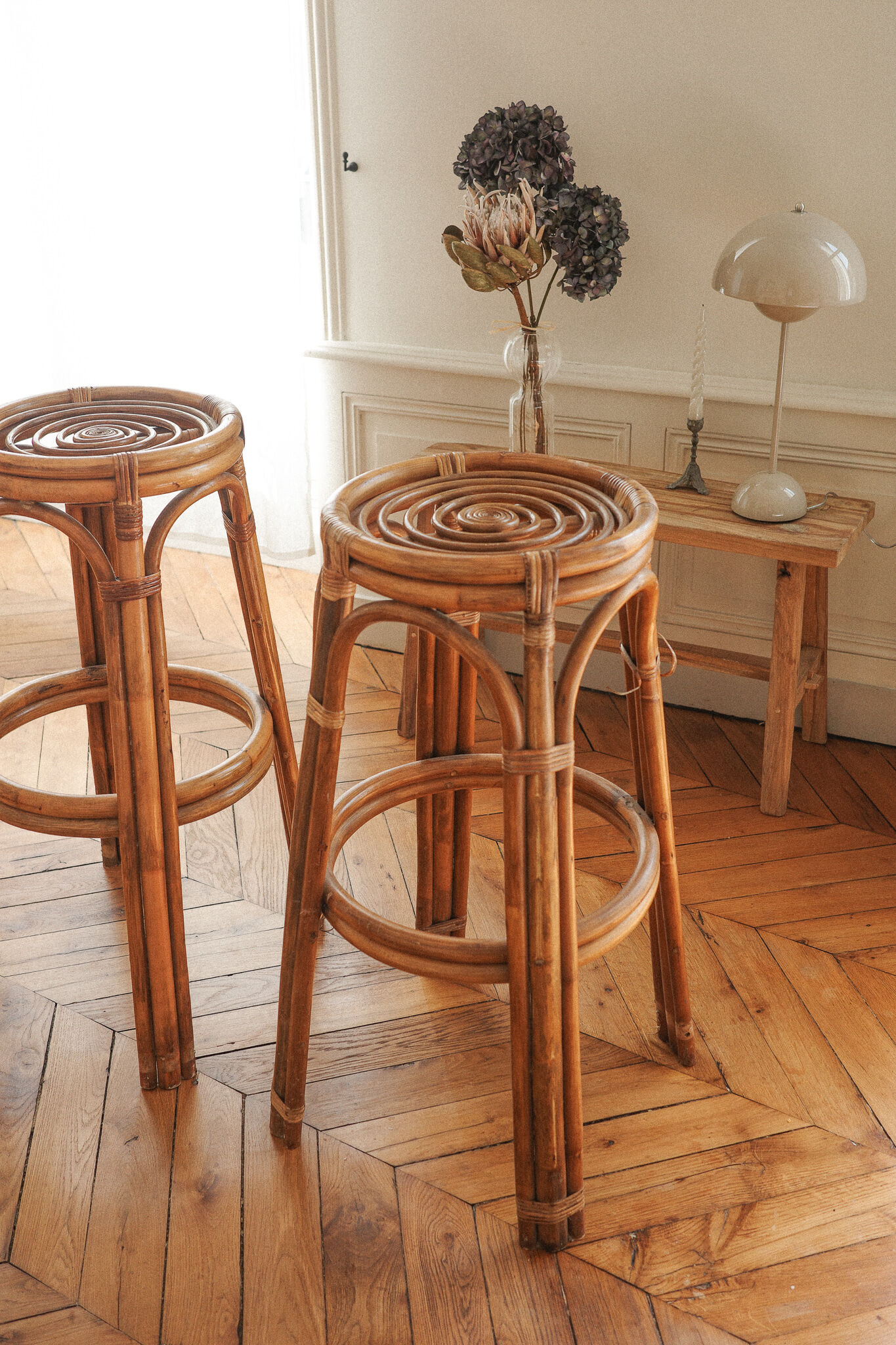 Pair of Louis Sognot bar stool in rattan 1950