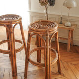 Paire de tabourets de bar  Louis Sognot en rotin 1950