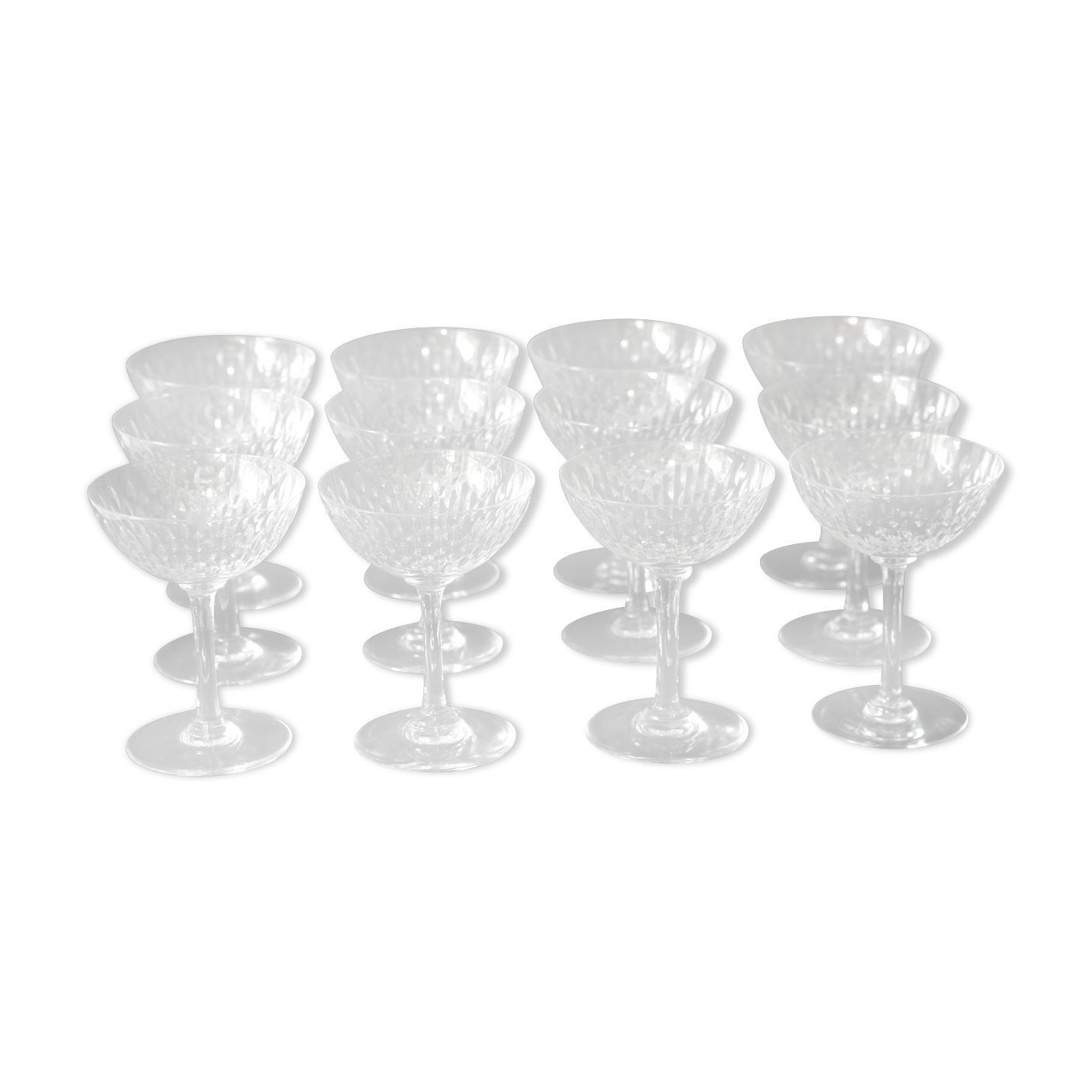 Suite of 12 champagne glasses in Baccarat crystal. Model Paris