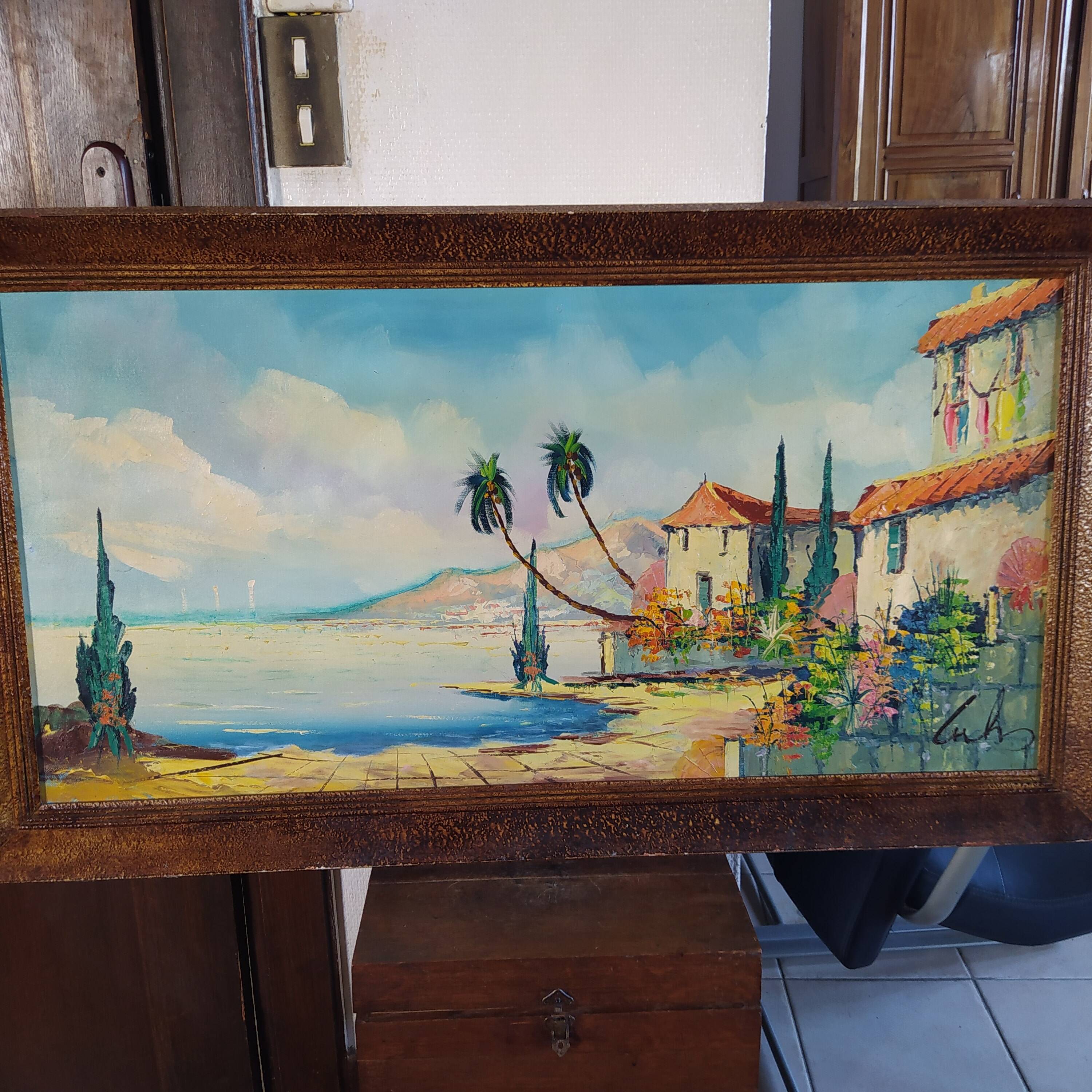 huile sur toile 1950 signée Lutz paysage côtier
