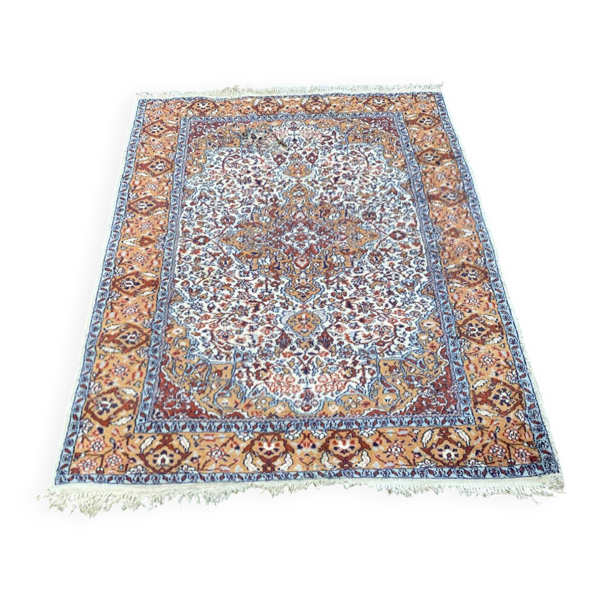 Handmade Persian rug in blue, beige, burgundy, and orange, 95x160cm.