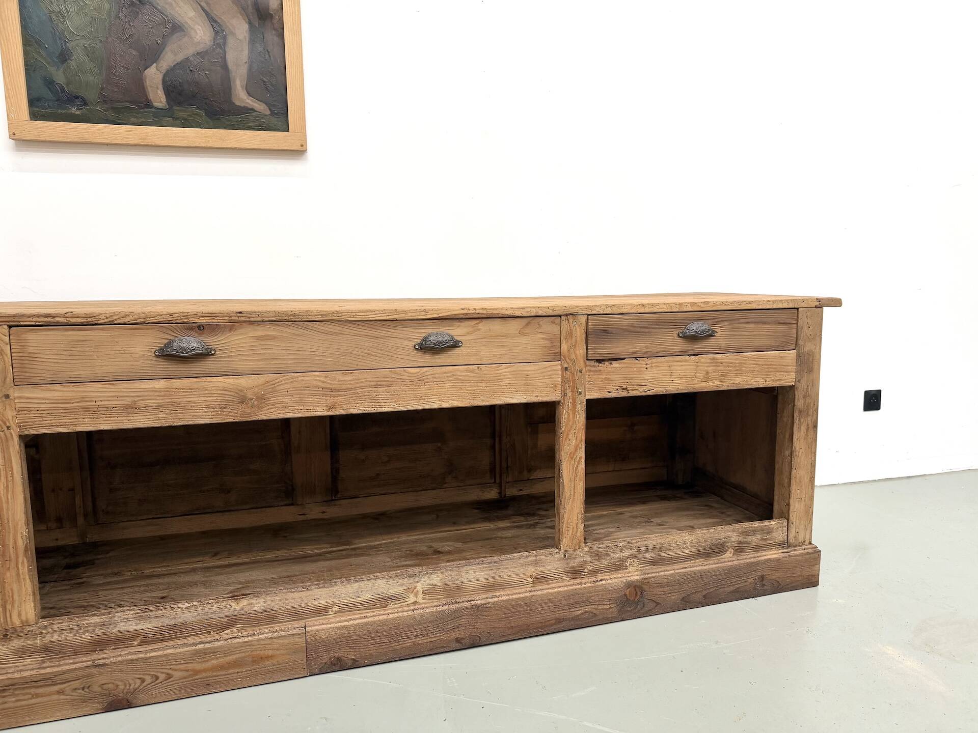 Very large pine trade counter, circa 1920.