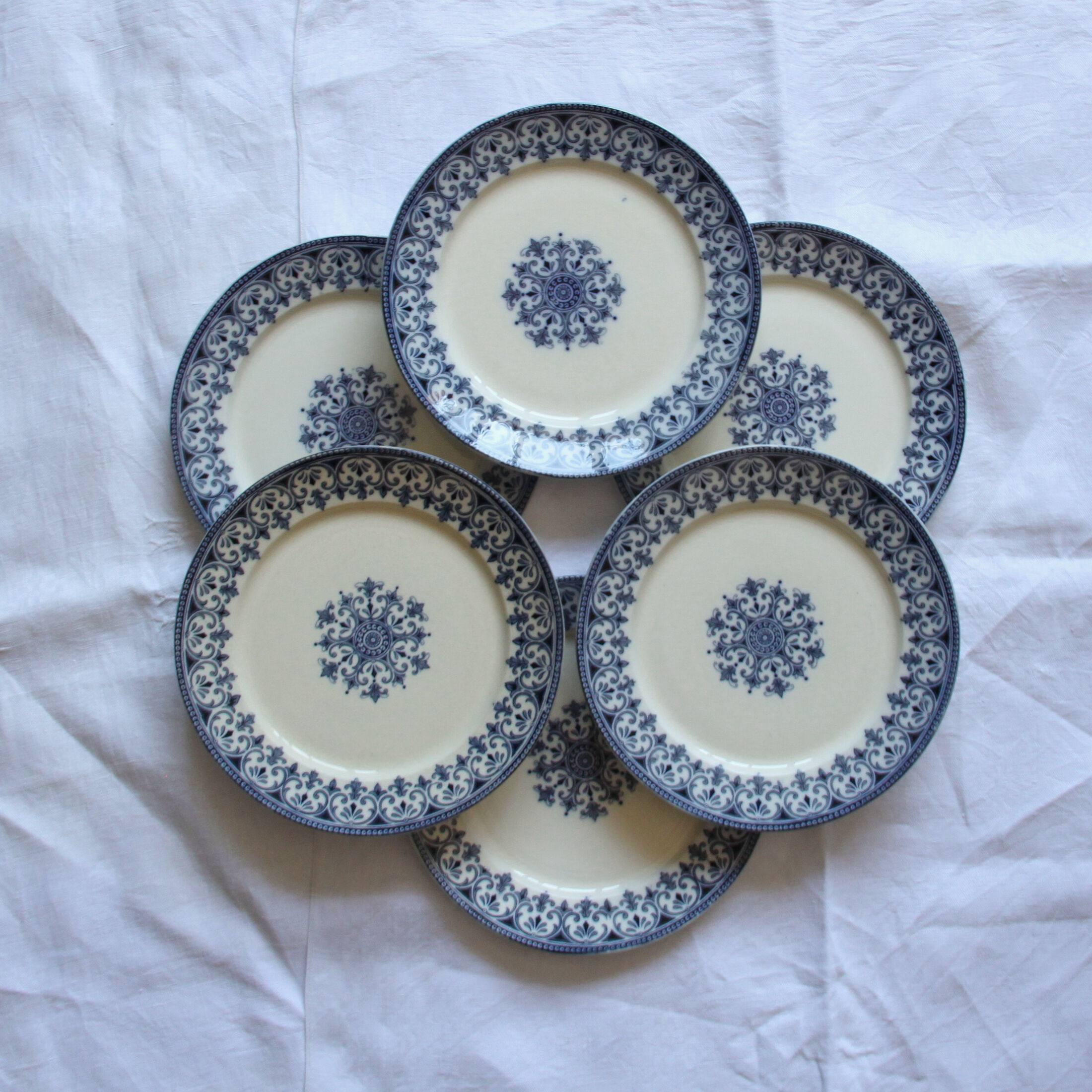 Set of 6 flat plates iron earth Badonviller model Oriental blue old earthenware