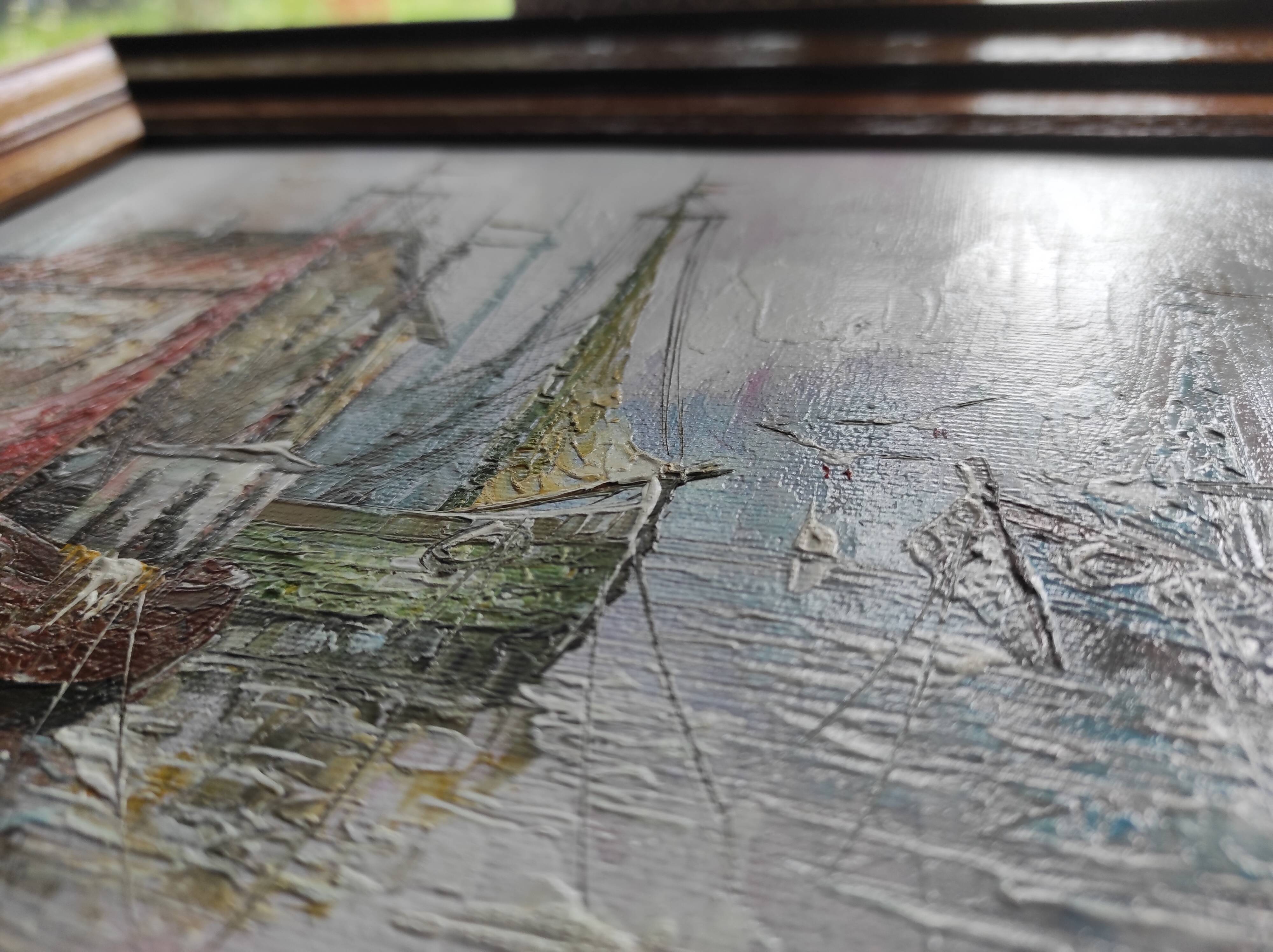 Oil painting on framed canvas seascape/boats/port signed Morlay