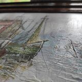 Peinture à l'huile sur toile encadrée paysage marin/bateaux/port signée Morlay