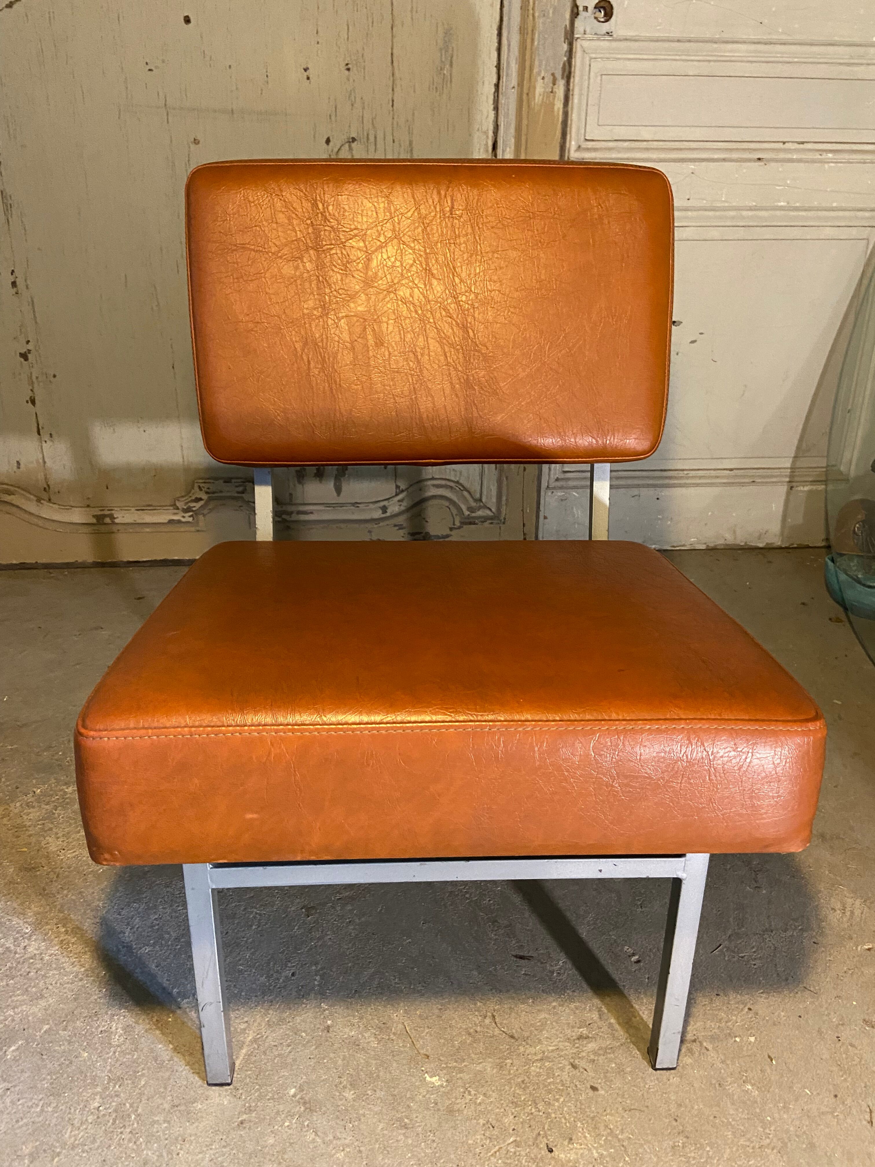 Pair of modernist low chairs in skai camel vintage 60s/70s