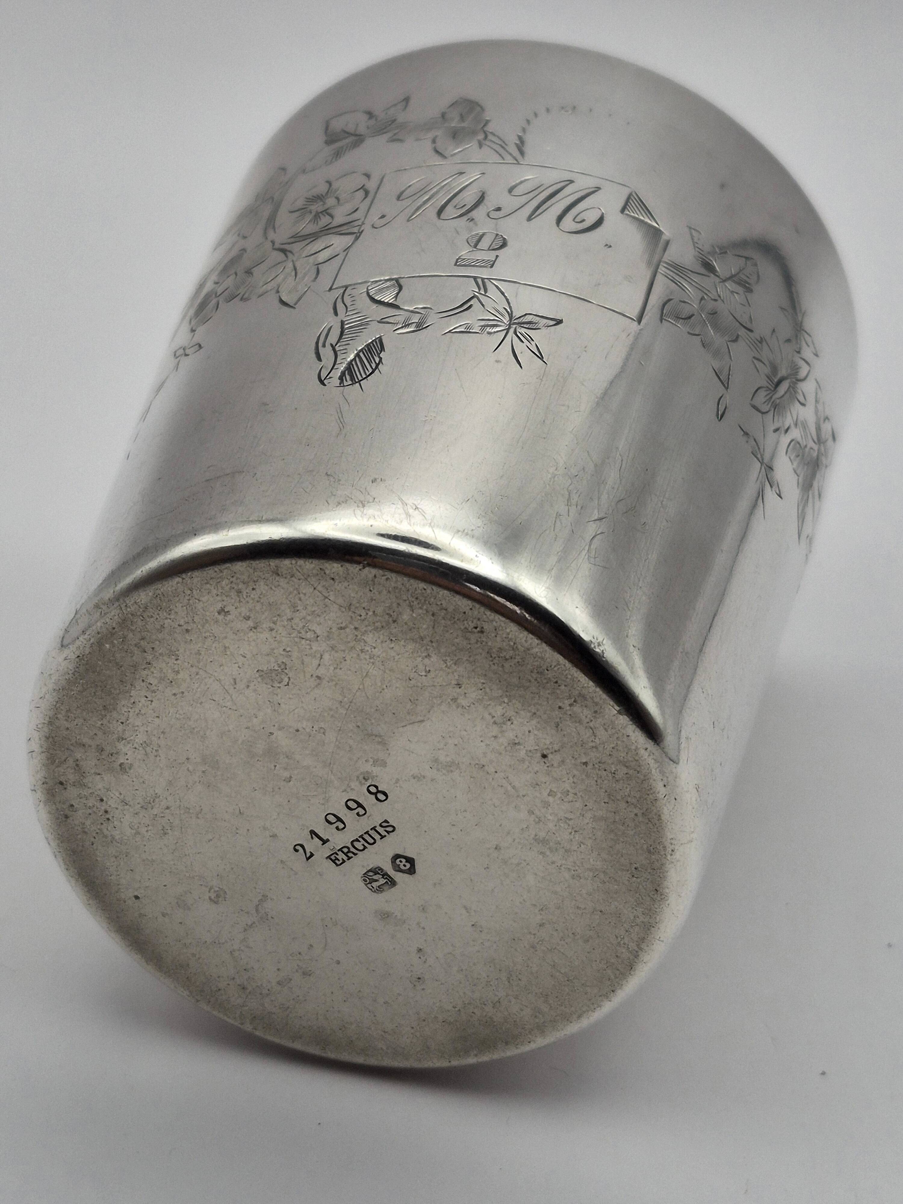 Ercuis silver-plated timbale, engraved floral decoration and monogram m.m – a23