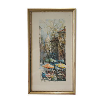 Lithograph gilded frame Paris place du Tertre vintage