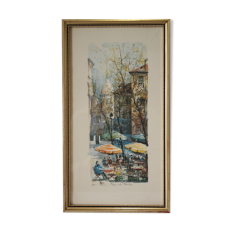 Lithograph gilded frame Paris place du Tertre vintage