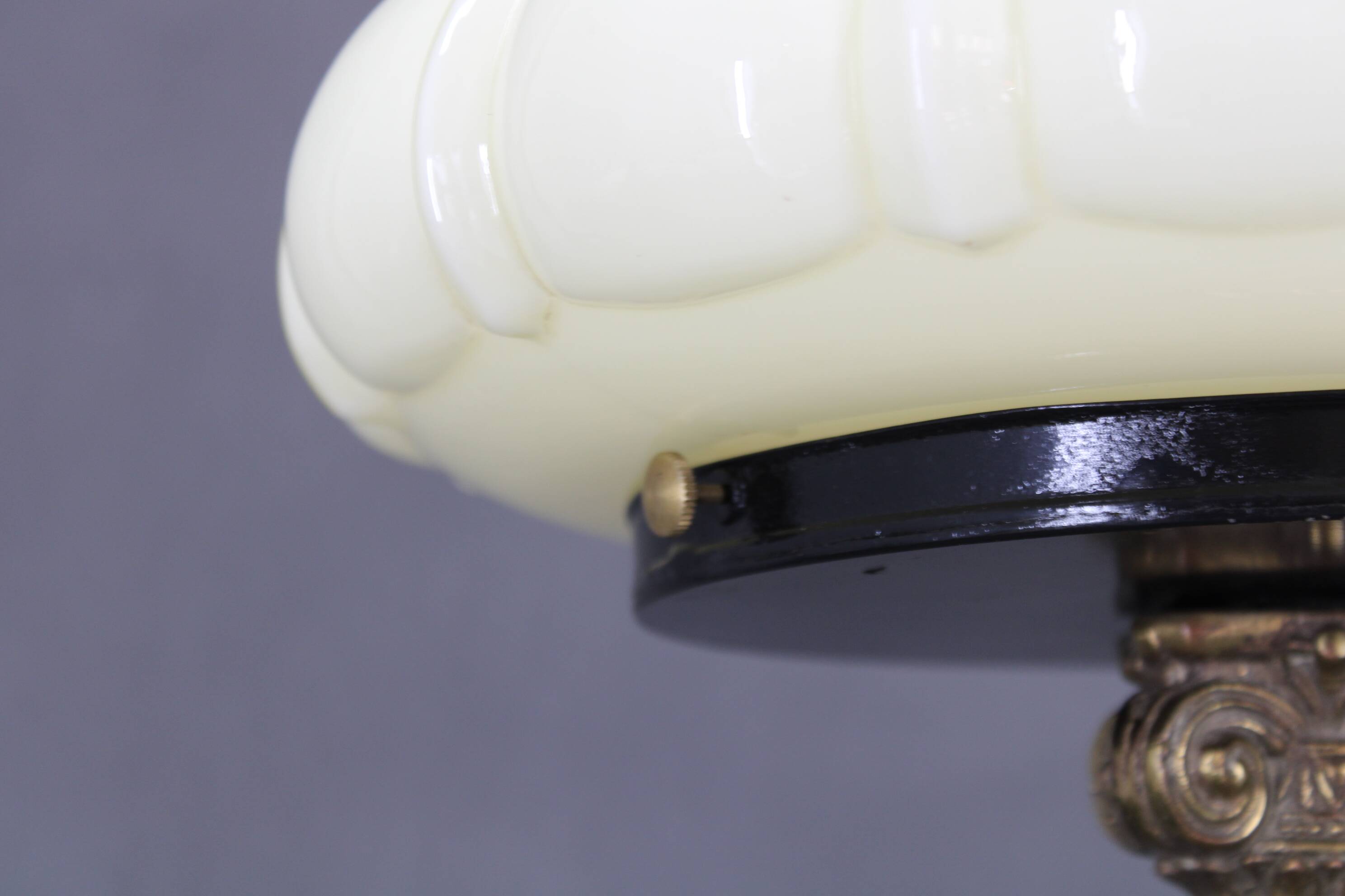 1940s Restored Brass Table Lamp with Wooden Base and Glass Shade