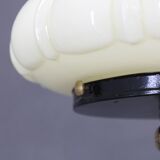 1940s Restored Brass Table Lamp with Wooden Base and Glass Shade