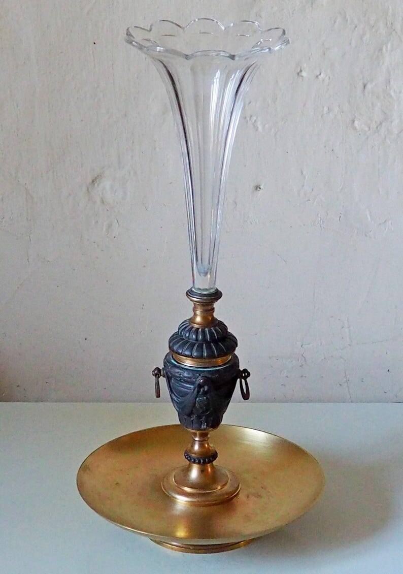 French antique crystal bronze and brass cornet soliflore vase from the early 1920s.