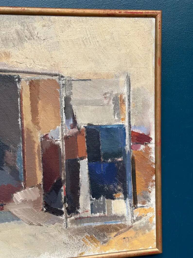 Large original Swedish oil on canvas - 'Blue Bottle and Books' by Gustav Adolf Johansson - 1962 - vintage and framed
