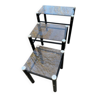3 tables basses gigognes industrielles noires en verre Yves Boutboul 1970